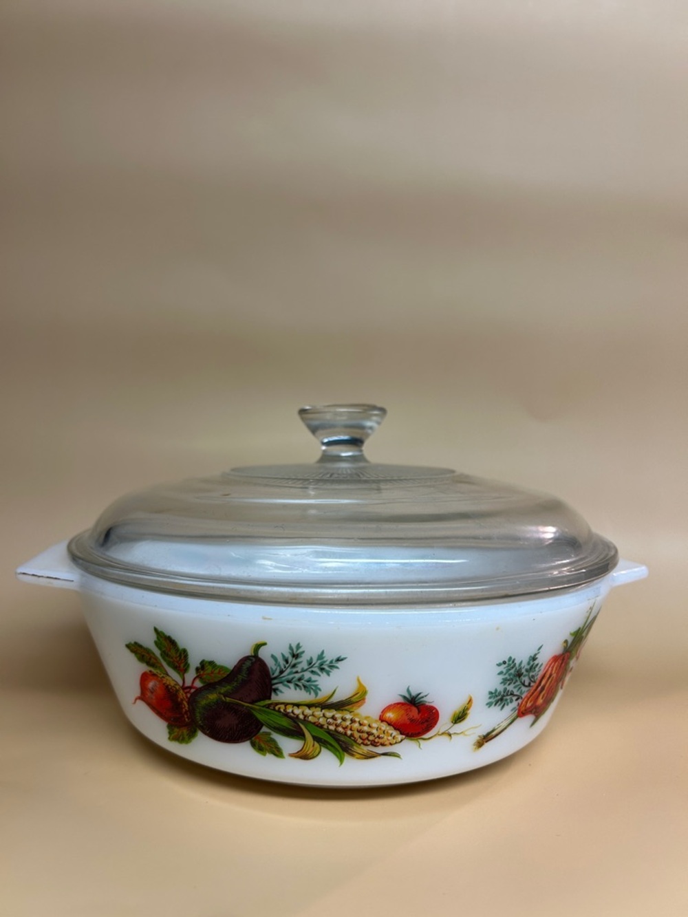 JAJ Pyrex Milk Glass Casserole: Harvest Garden Tuscany, England and Glass Lid